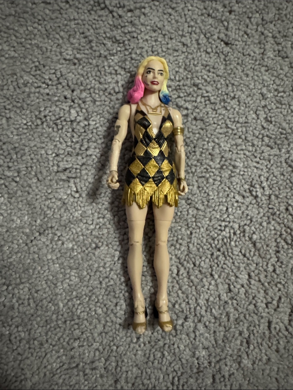 Gold & Black Harlequin Dress Doll Figure with Pink & Blue Hair